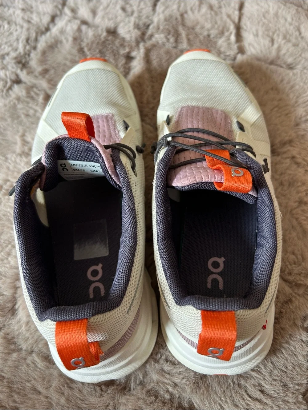 On Running Sneakers in Cream with Pink & Orange Accents size 5.5Youth